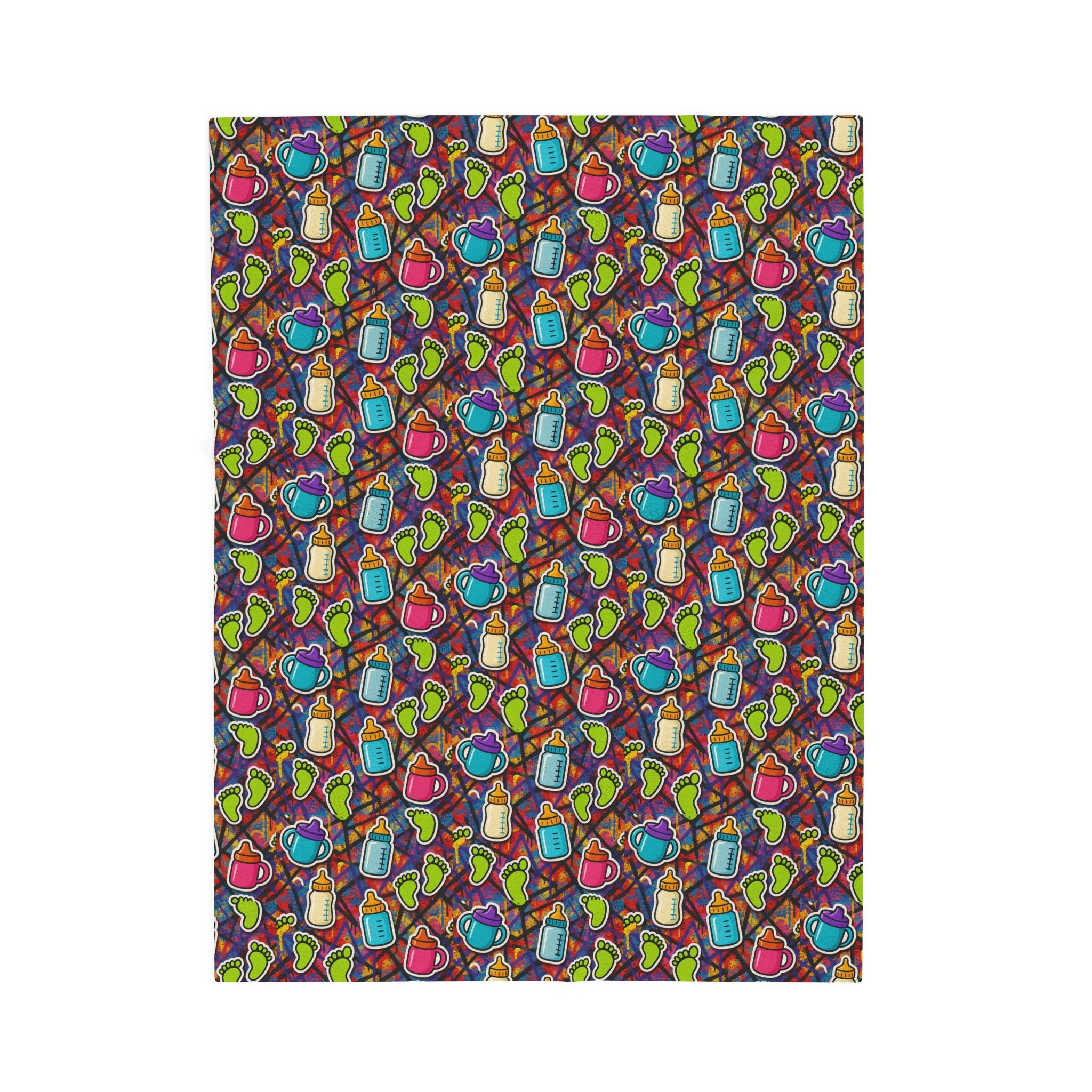 Baby Feet & Bottle Velveteen Plush Blanket — Sippy Cup Prints, Cozy Newborn Throw