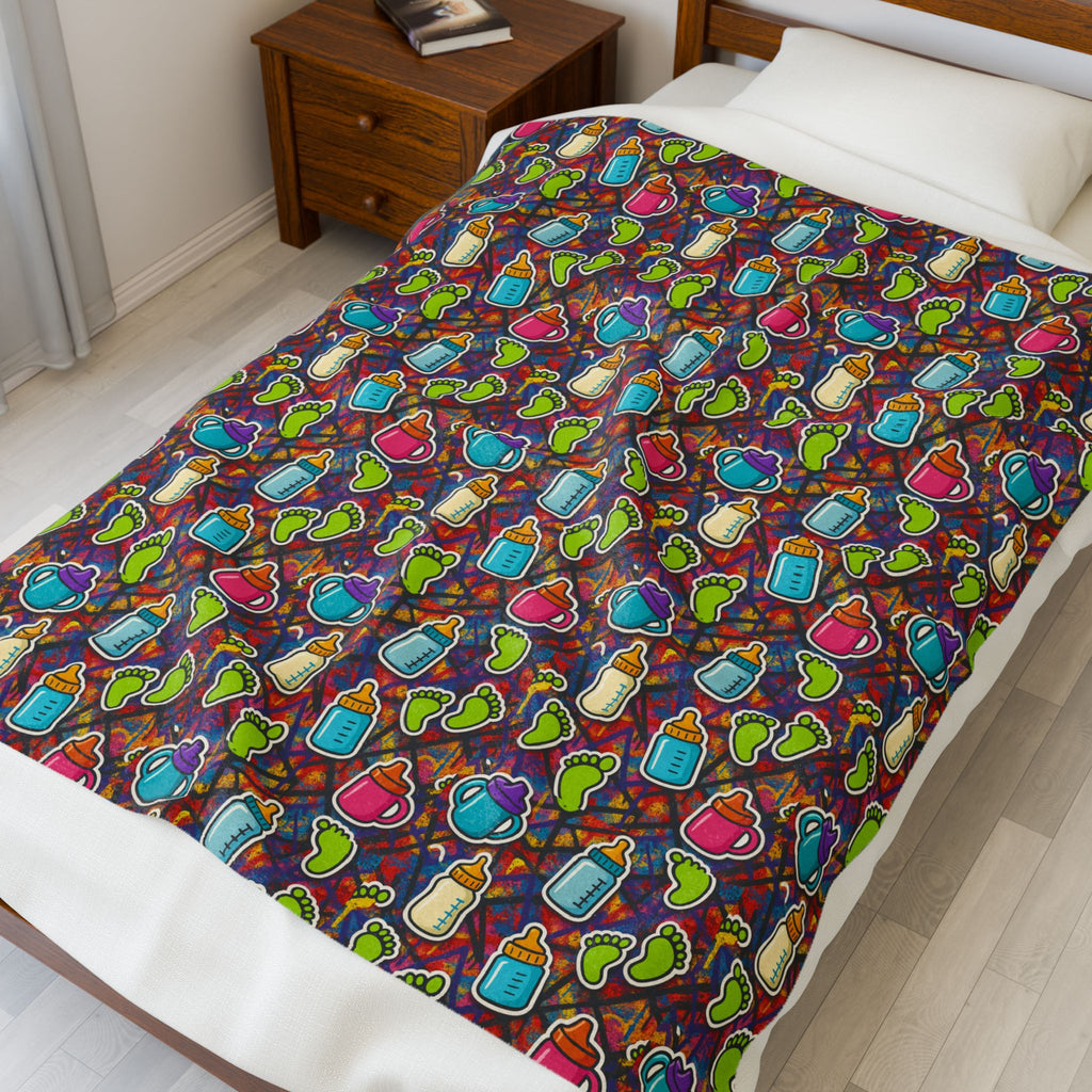 Baby Feet & Bottle Velveteen Plush Blanket — Sippy Cup Prints, Cozy Newborn Throw