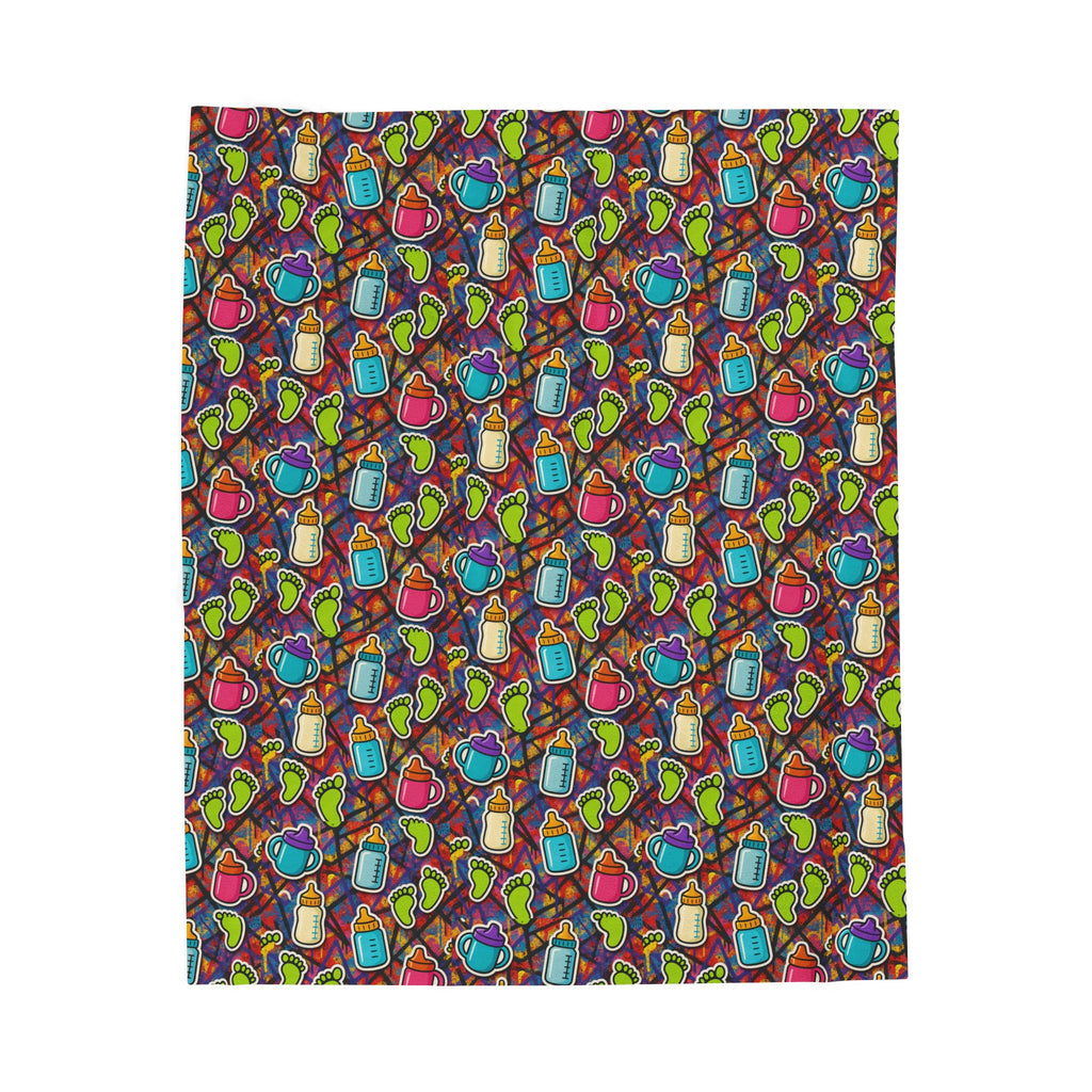 Baby Feet & Bottle Velveteen Plush Blanket — Sippy Cup Prints, Cozy Newborn Throw