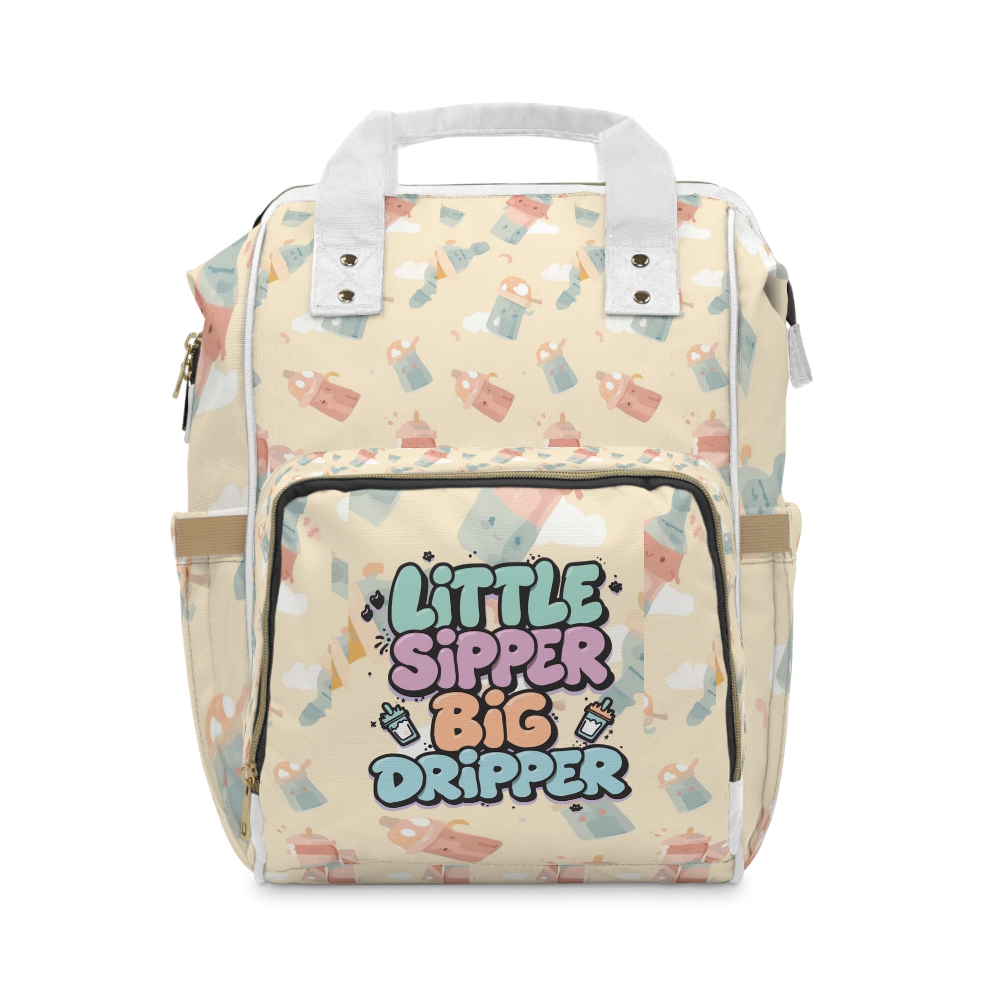 "Little Sipper Big Dripper" Pastel Baby Bottle Diaper Bag Backpack – Cute & Funny Mom Vibes