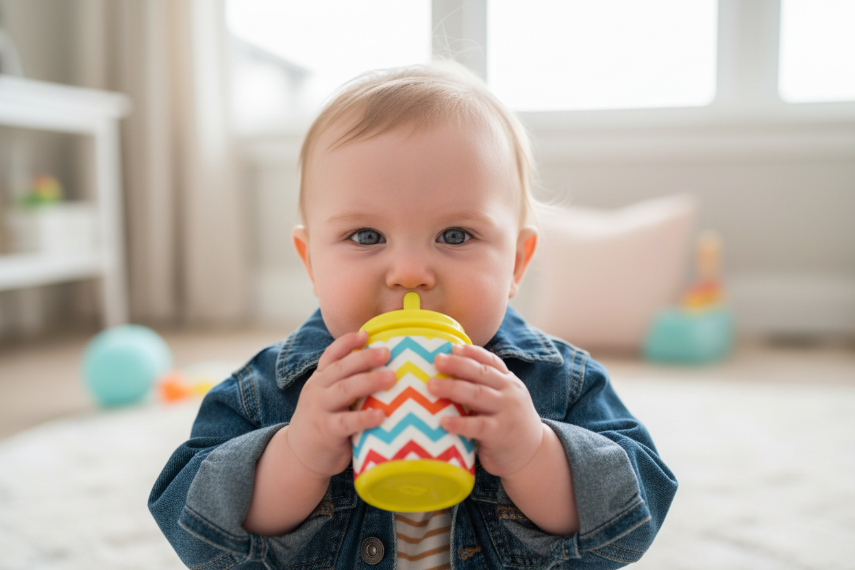 Baby with attitude drinking from a sippy cup 
